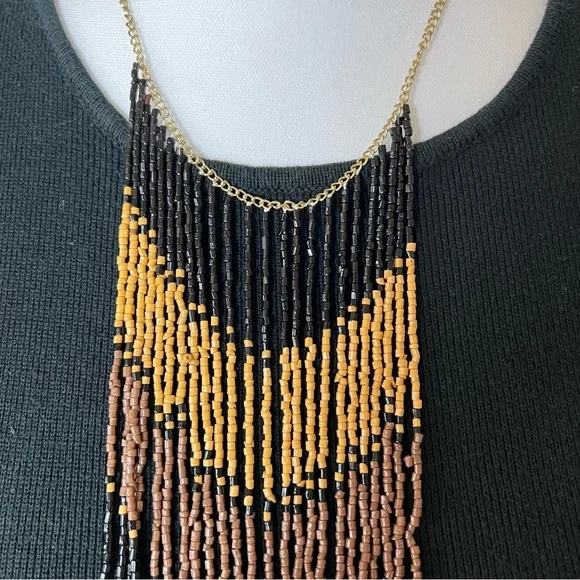 Handmade Artisan Ombre Seed Bead Necklace Bohemian Fringe Black/Brown/Yellow ✨🤎 - Picture 3 of 8
